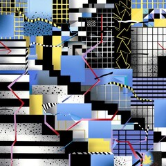 Poster - Abstract Geometric Composition in Blue, Black, and Yellow.