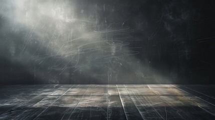 Wall Mural - A dark room with a wooden floor and a textured, black wall.