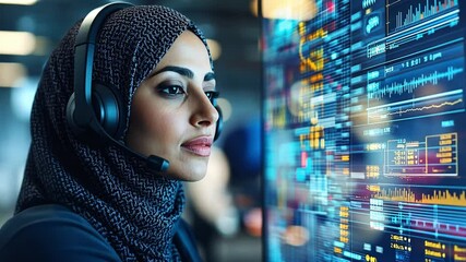 Poster - Woman in headscarf engaged in data analysis at a modern control room with digital displays