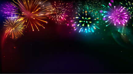 Poster - Bright firework explosions banner - colorful luminous patterns on dark background. Realistic pyrotechnic show with sparkling trails and glowing particles for celebration designs or digital artwork.
