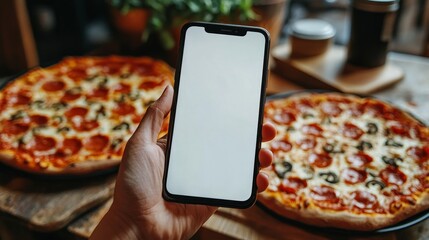 hand shows smartphone with white screen against pizza, mock up, mockup