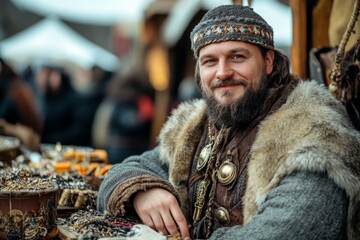 Craftsman sells handmade jewelry at a bustling market during a historical festival in autumn