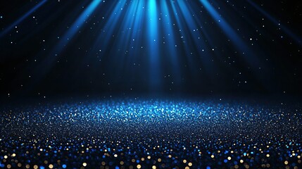 Wall Mural - Blue light rays illuminate glittering particles on dark background.