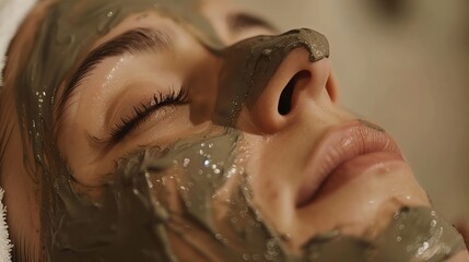 Wall Mural - Close up of a woman receiving a mud facial, with eyes closed.