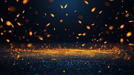 Wall Mural - Glowing particles falling on dark surface, abstract background.