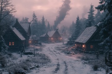 Poster - Winter village nestled in the quiet woods with smoke rising from chimneys during dusk
