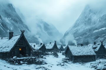 Aufkleber - Snow-covered village nestled in mountains during winter with smoke rising from chimneys and warm light visible in a cozy cabin