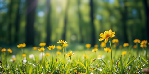 Wall Mural - Abstract soft focus sunset field landscape of yellow flowers and grass meadow warm golden hour sunset sunrise time. Tranquil spring summer nature closeup and blurred forest background. Idyllic nature