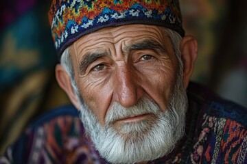 Aufkleber - Portrait of a bearded man wearing a vibrant hat, suitable for use in illustrations about individuality or creativity