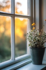 Poster - A small potted plant sits on a window sill, bringing natural beauty indoors