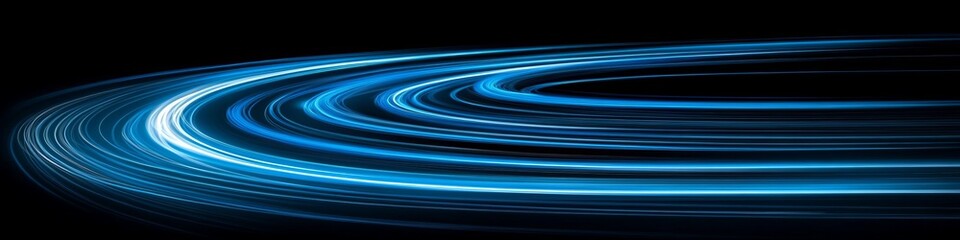 Poster - abstract blue light trails on a dark background, dynamic motion and speed with a futuristic vibe