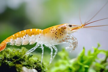 Poster - A close-up shot of a small shrimp sitting on a moss-covered surface
