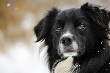 Poster - A black and white dog plays in the snow, having fun on a winter day