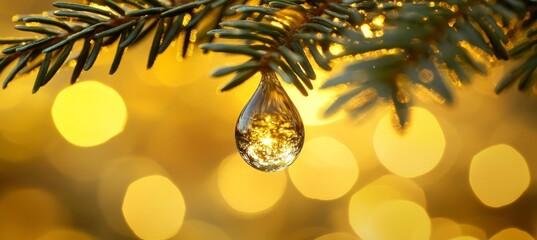 Wall Mural - Golden Shimmer A Water Droplet Reflects the Warm Glow of Bokeh Lights on an Evergreen
