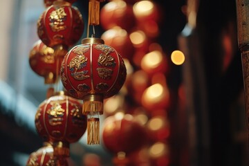 Wall Mural - Decorative items suspended from a ceiling, red and gold colors used