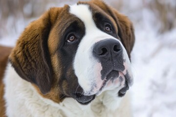 Poster - A large brown and white dog stands in the snowy landscape