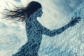 Fototapete - A woman stands in silhouette with her hair flowing, reaching towards a swirling display of binary code against a vibrant, cloudy sky during the day. Generative AI