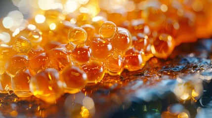 Leinwandbilder - Close up view captures a cluster of translucent orange spheres reflecting light beautifully, revealing intricate textures and creating an artistic visual effect