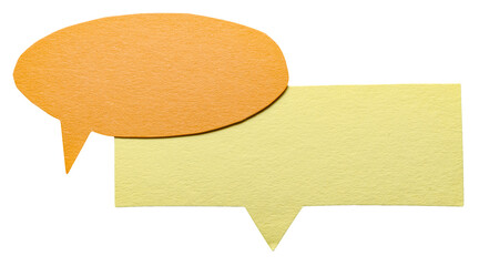 Poster - Orange yellow blank cut out cardboard paper speech bubbles with rough edges and copy space for text on transparent png background conversation discussion design element