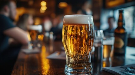 Aufkleber - A glass of beer sits alone on a wooden table, ready for consumption