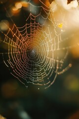 Poster - Close-up of a spider web with water droplets glistening on its threads, great for scientific or nature-themed illustrations
