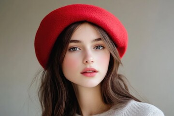 Poster - A woman wearing a classic red beret and white sweater, suitable for editorial or lifestyle photography