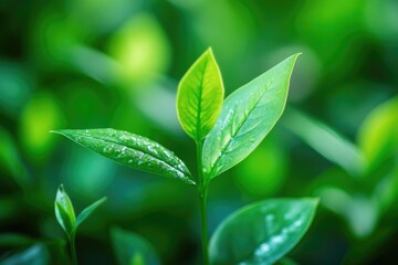 Poster - A close-up shot of a plant leaf with water droplets glistening in the light, ideal for use in illustrations and designs related to nature, water, and botany