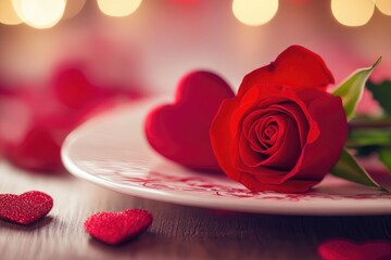 Poster - A single red rose sits on a white plate, perfect for romantic dinner or special occasion