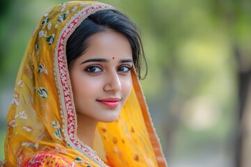 Aufkleber - A beautiful young woman wearing a traditional Indian yellow sari, standing in a peaceful environment