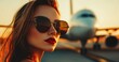 © David Giraud - Une femme jeune et séduisante portant des lunettes de soleil et du rouge à lèvres se tenant sur la piste d'atterrissage d'un aéroport devant un avion flou en arrière-plan.