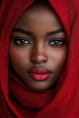 Aufkleber - A close-up shot of a woman wearing a bright red scarf, ideal for use in editorial or commercial contexts where a pop of color is needed