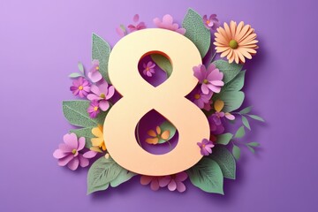 Aufkleber - A stylized number eight surrounded by colorful flowers on a purple background