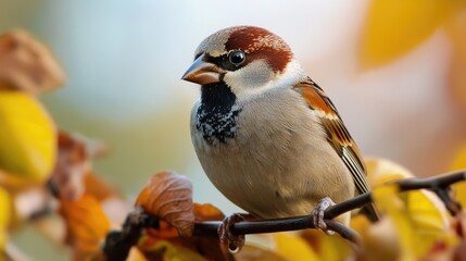 Poster - A small bird perched on a branch of a tree, its feathers fluffed up