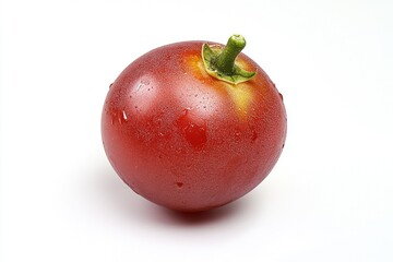 Poster - A single ripe red tomato with a green stem on a white surface, ready for use