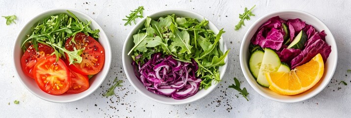 Wall Mural - Three Colorful Vegan Salad Bowls, Fresh Produce, Authentic Food Photography, White Background