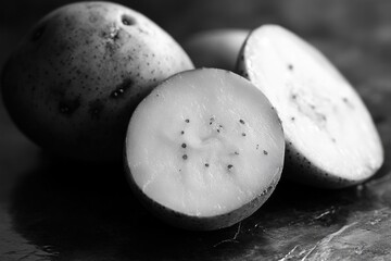 Poster - A close-up shot of a sliced potato on a white background