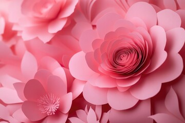 Poster - Fresh and delicate pink paper flowers arranged on a table, perfect for decoration or crafting projects
