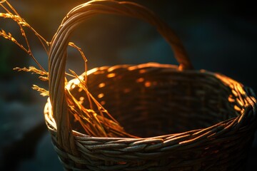 Poster - A traditional wicker basket containing some fresh green grass, ideal for decorative or rustic-themed settings