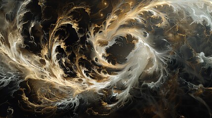 Poster - Abstract digital art with swirling white and gold patterns on a black background.