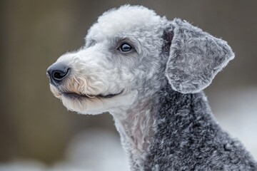 Poster - Close-up shot of a dog playing or walking in the snowy environment