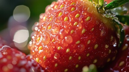 Poster - A fresh strawberry with water droplets glistening on its surface