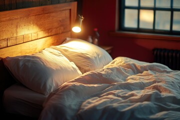 Aufkleber - A cozy bed with white sheets and a soft light, perfect for a relaxing night's sleep