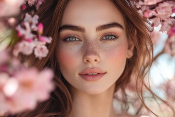 Poster - A close-up photo of a woman's face featuring distinctive freckles