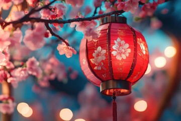 Poster - A traditional lantern hung from a tree branch surrounded by blooming pink flowers, perfect for use in Asian-inspired or garden-themed designs