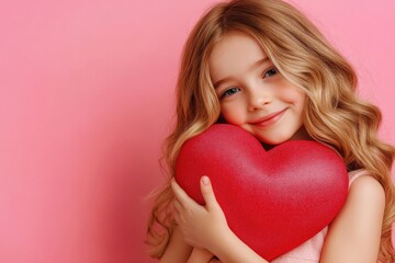 Poster - A young child holds a bright red heart on a soft pink background