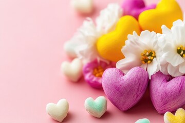 Poster - A colorful arrangement of flowers and hearts on a bright pink surface, perfect for romantic or celebratory occasions