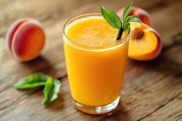 Poster - A glass of freshly squeezed orange juice sits on a rustic wooden table, perfect for a breakfast or brunch setting