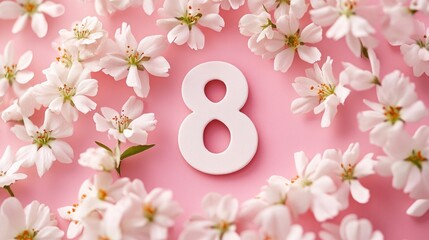 Aufkleber - Close-up of the number 8 surrounded by white flowers on a pink surface