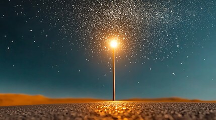 Wall Mural - A solitary streetlight illuminating a desert road under a starry night sky, creating a serene atmosphere