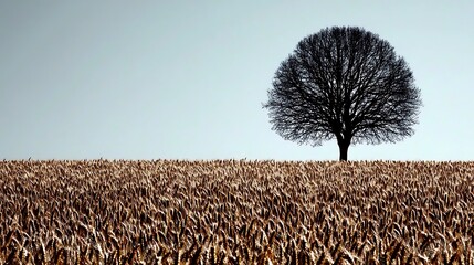 Canvas Print - A solitary tree stands against a clear sky above a golden cornfield at dusk, evoking tranquility